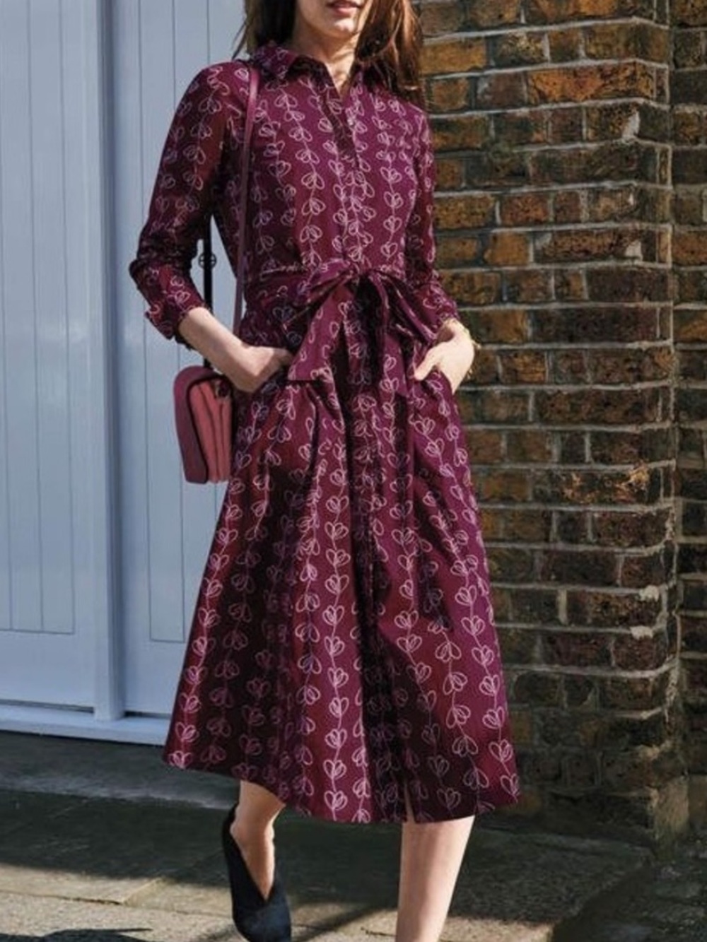 Boden Roseland Shirt Dress with Pockets Burgundy & Pink Heart Print Size 6 LONG - Picture 1 of 13